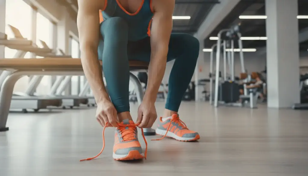 Person tying orange sneakers in a gym with exercise equipment in the background