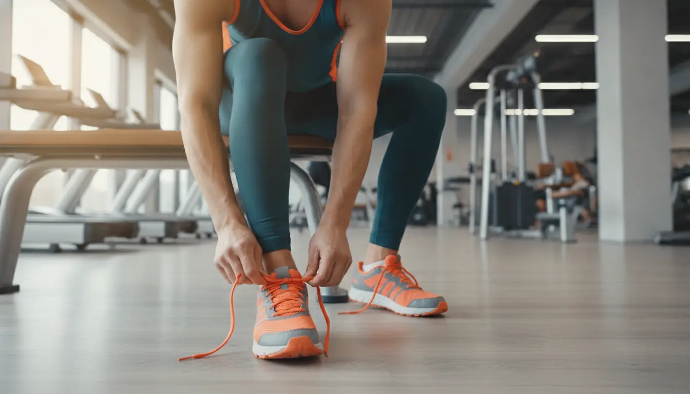 Person tying orange sneakers in a gym with exercise equipment in the background