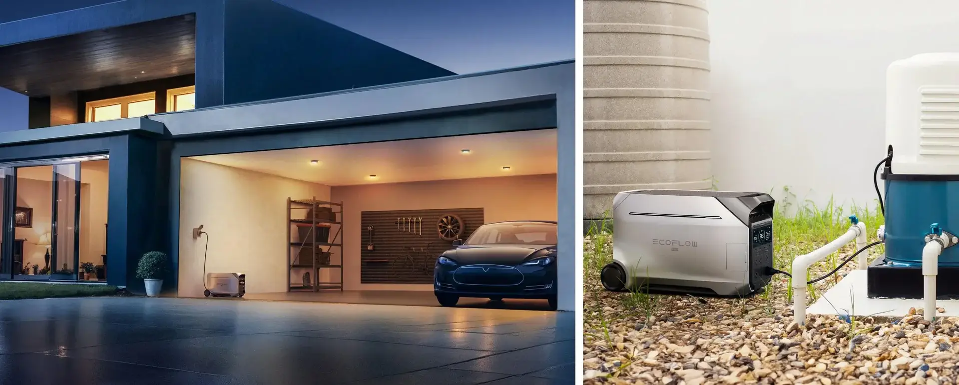 Modern house with illuminated garage and electric car charging inside at dusk