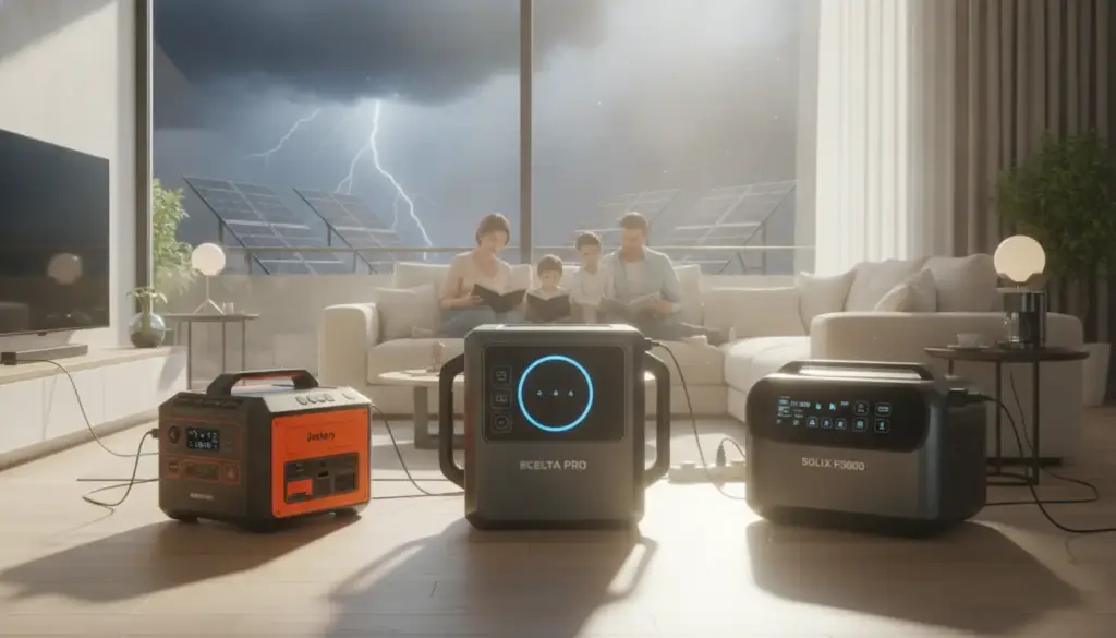 Portable power stations on wooden floor in modern living room during storm with family on sofa