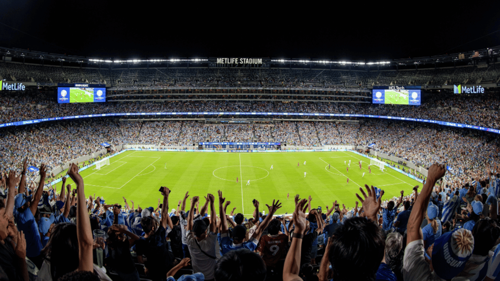 entire stadium of fans in the metlife stadium celebrating a goal during a fifa worl cup match in a wide panoramic shot