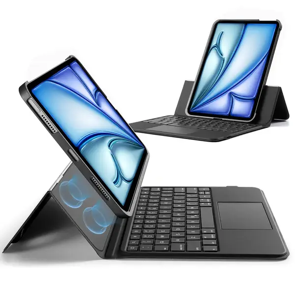 Tablet cases with integrated keyboards and stylus holders in black and blue design