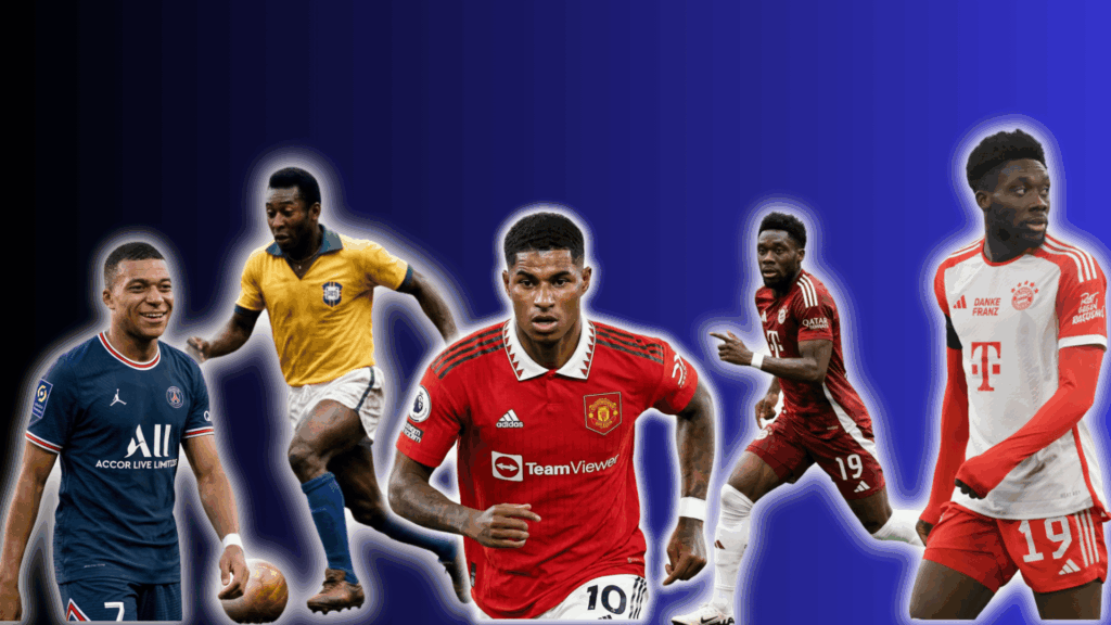 Famous soccer players from different generations on a blue background