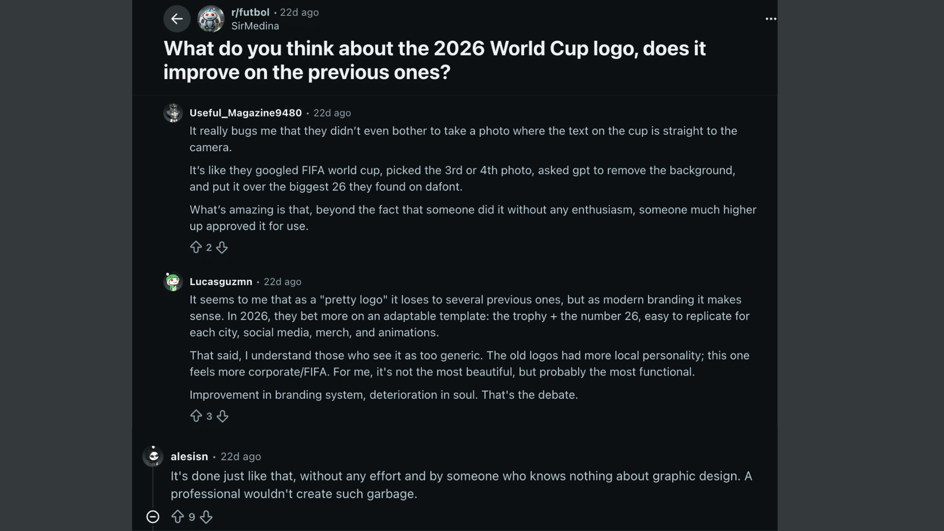 fifa world cup 2026 logo shared in reddit discussion with fans discussing tournament branding host nations and design
