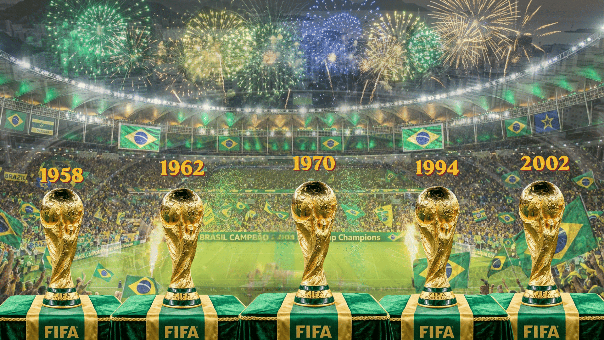 Five FIFA World Cup trophies showing Brazil's championship wins.