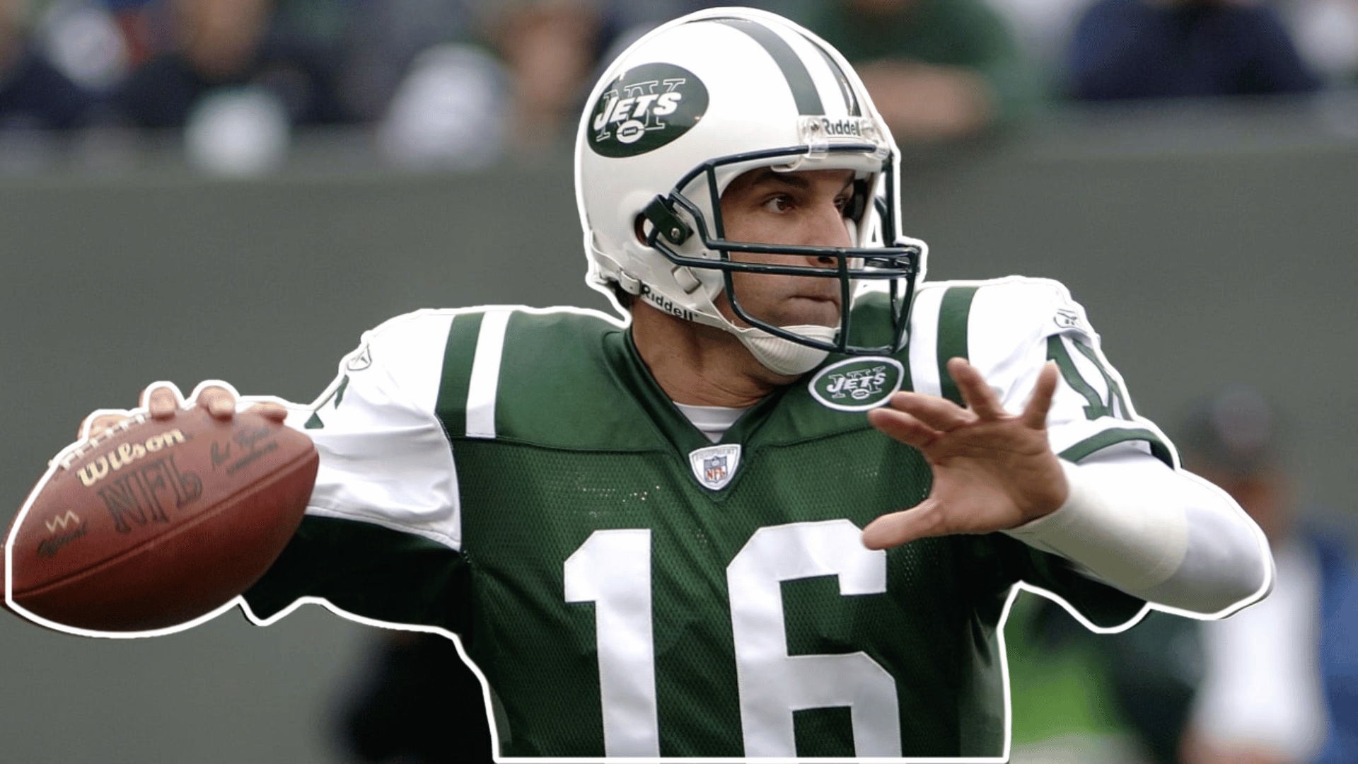 football player in a green jersey and white helmet prepares to throw a football while looking downfield during the game