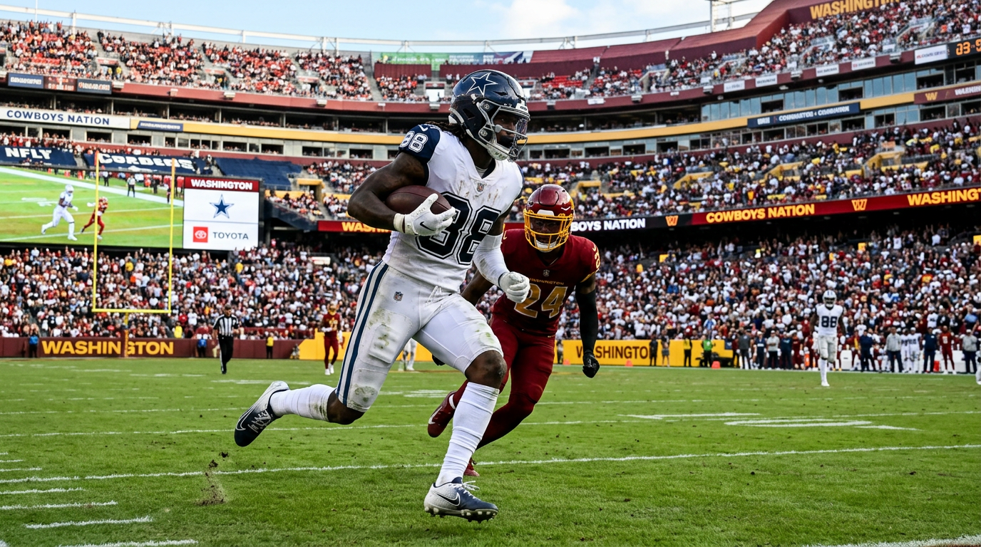 football player runs with the ball near the sideline as a defender chases during a packed stadium game