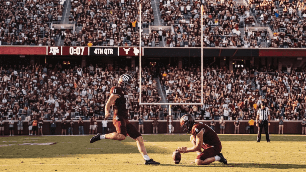 football players performing a field goal attempt with kicker and holder on the stadium field with crowd background (1)