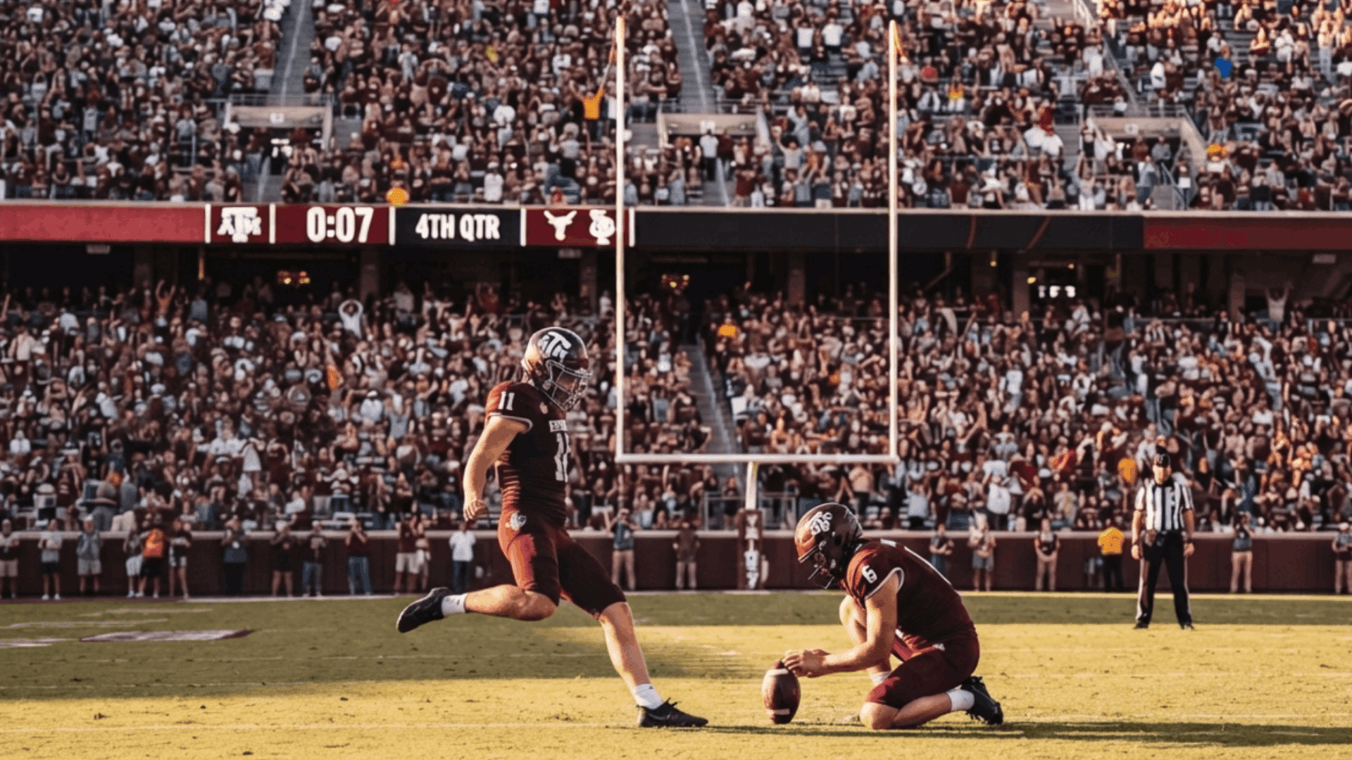 football players performing a field goal attempt with kicker and holder on the stadium field with crowd background (1)