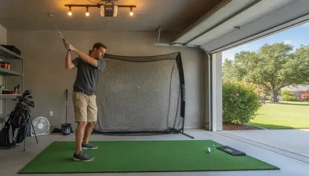 Golfer practicing swing in garage with net and green mat, open door to garden outside