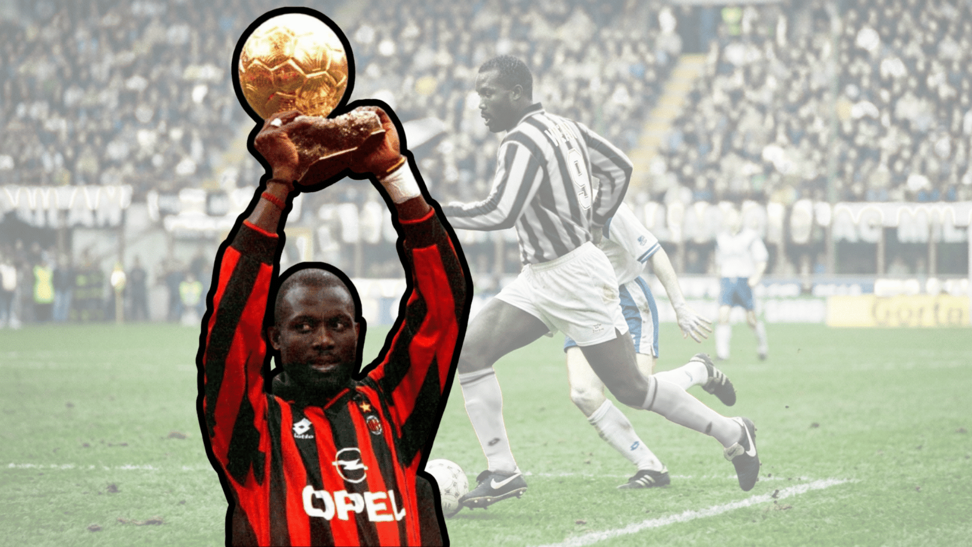 George Weah holding the Ballon d’Or trophy in AC Milan jersey.