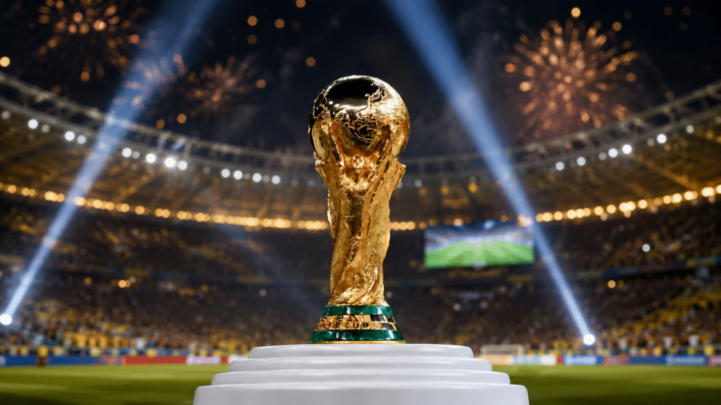 golden football world cup trophy displayed on a podium inside a packed stadium with fireworks and bright lights in the background