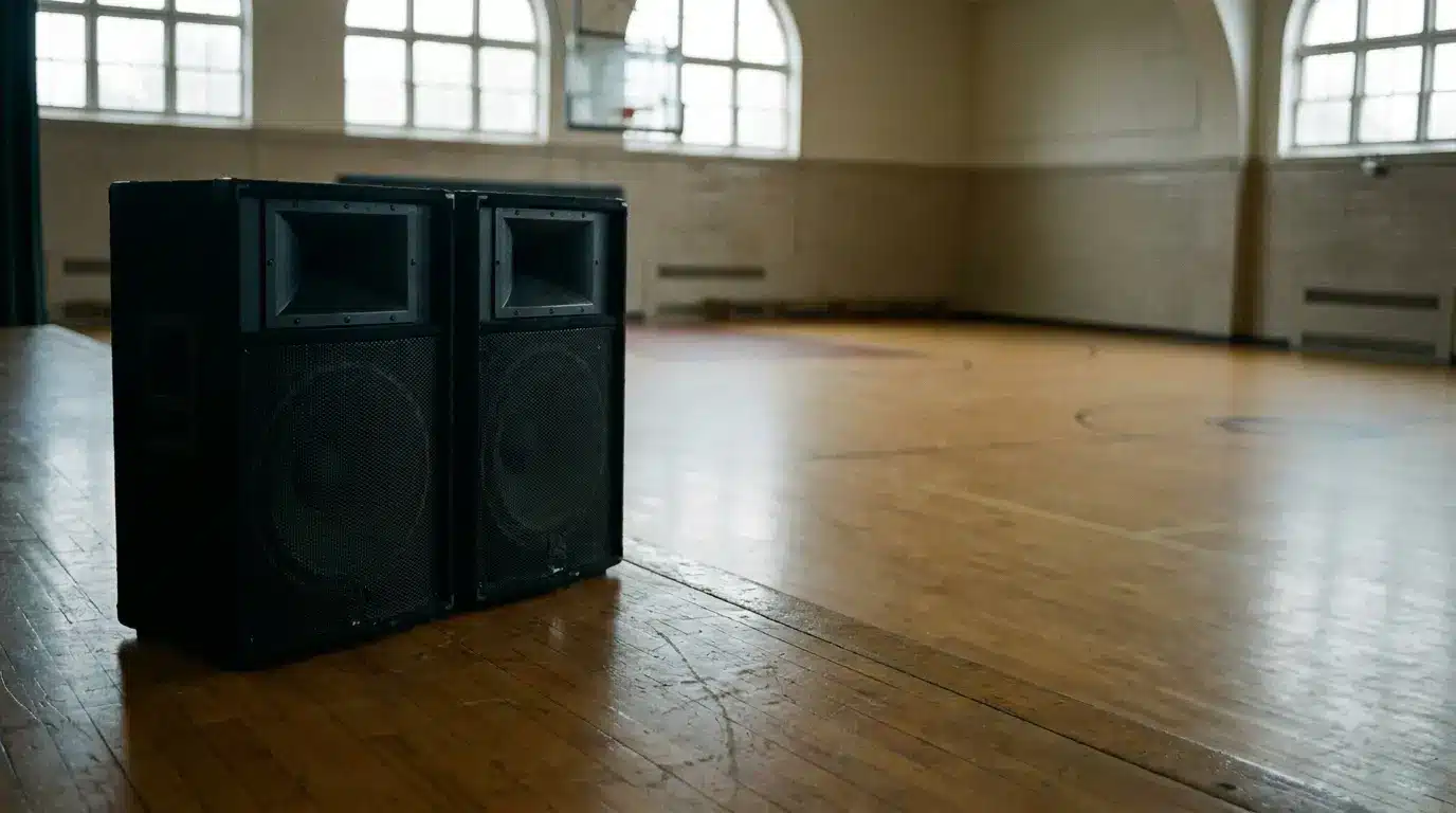 Speakers placed on wooden floor in empty gymnasium with tall windows