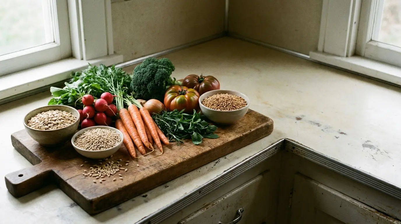 Fresh vegetables and grains on wooden cutting board in kitchen corner with window light