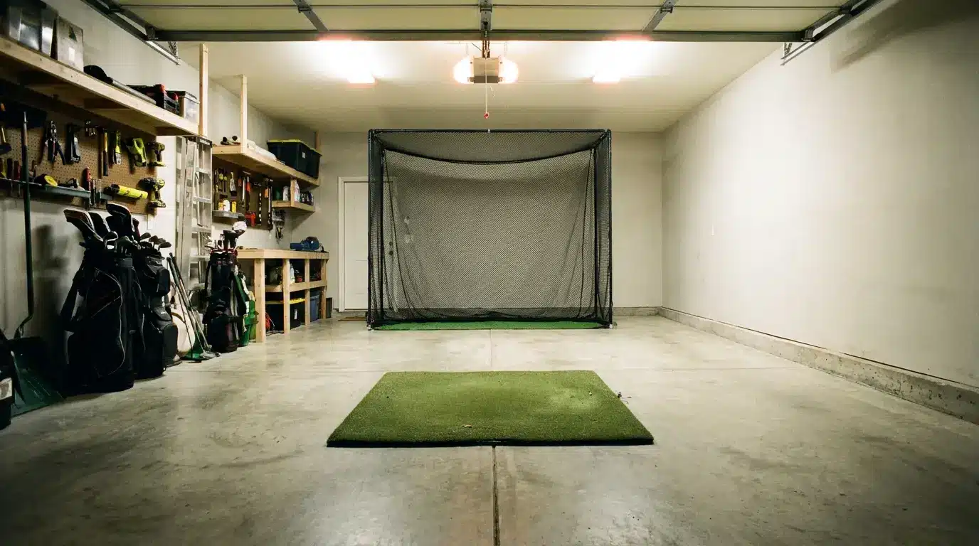 Indoor golf practice net in a garage with golf clubs and tools on shelves