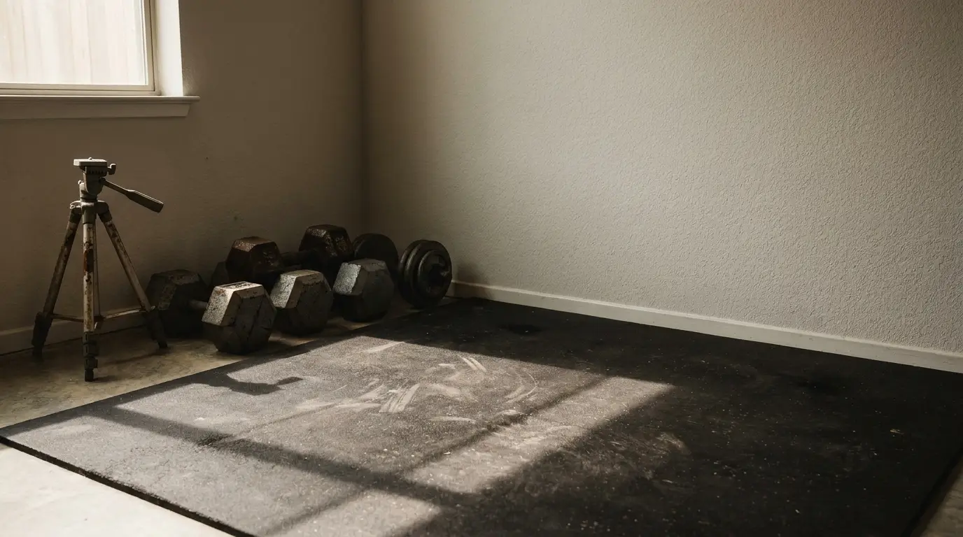 Dimly lit empty room with weights, tripod, and exercise mat near window shadows