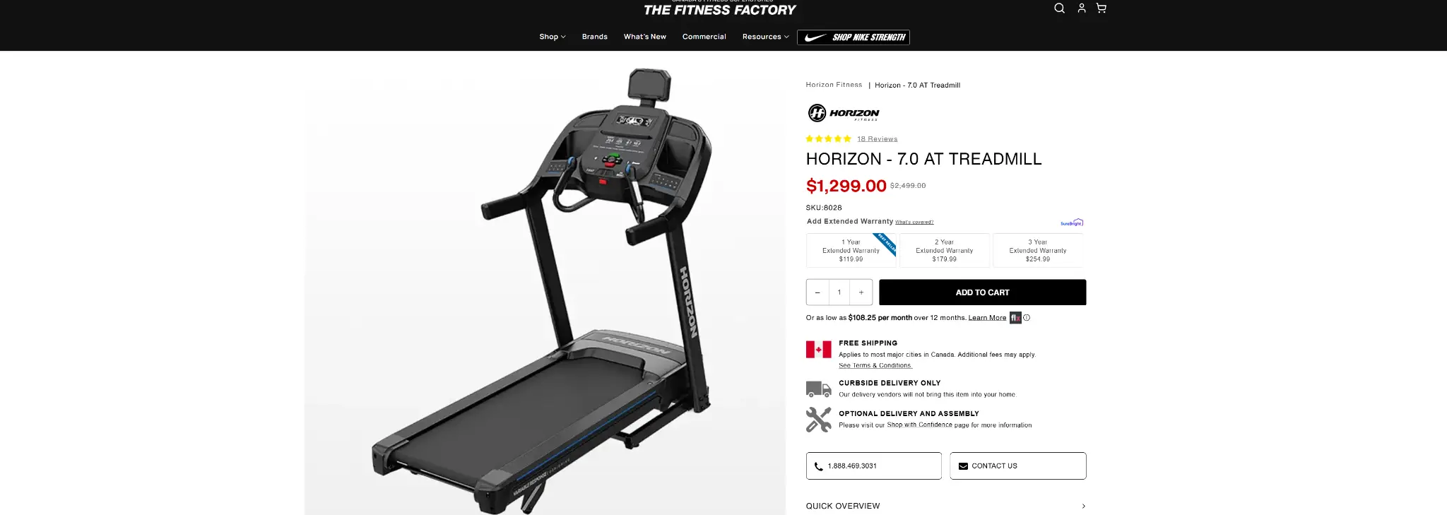 Black Horizon treadmill with digital display and controls on a white background