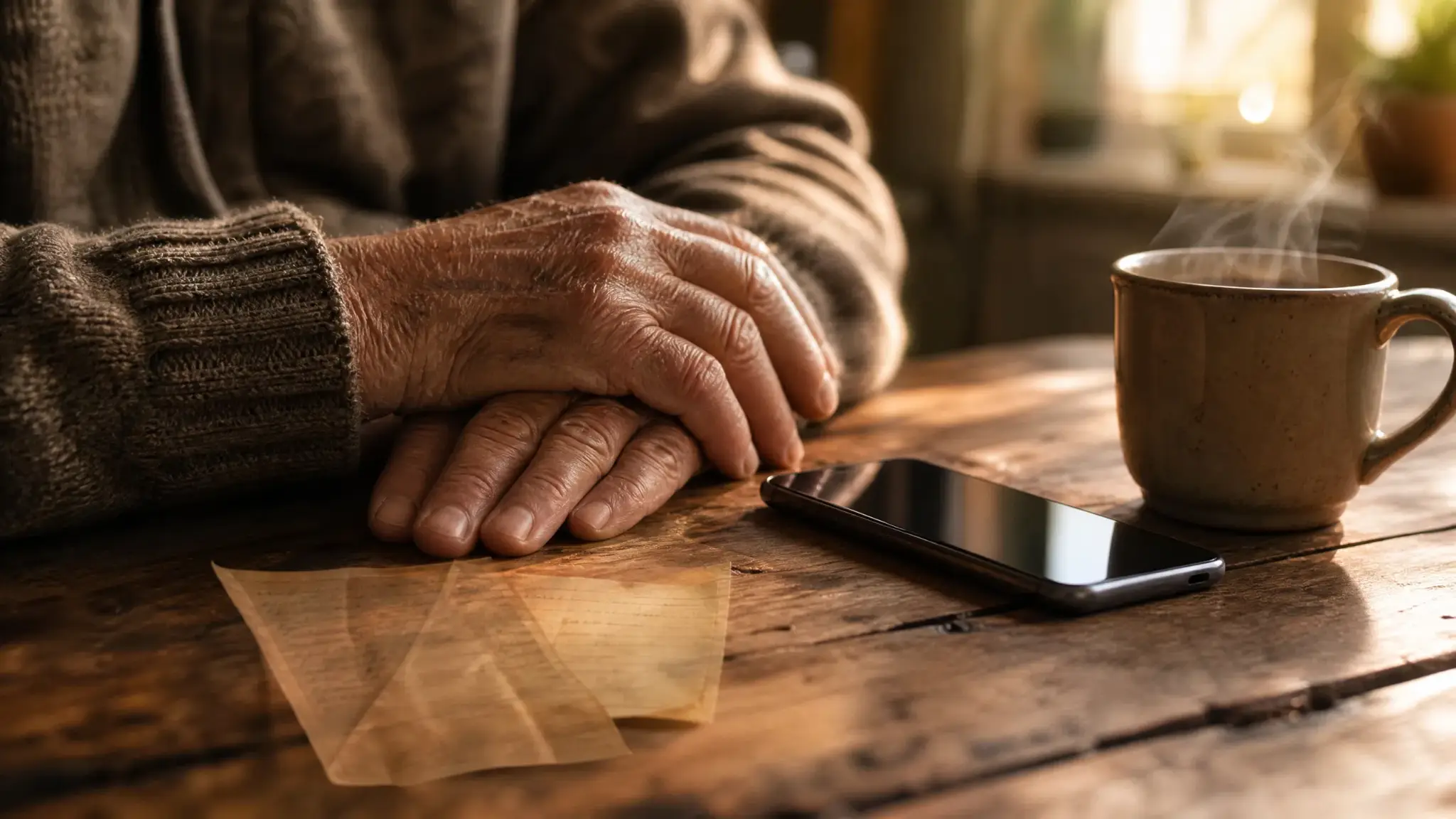 Hands resting on wooden table with smartphone and steaming mug nearby