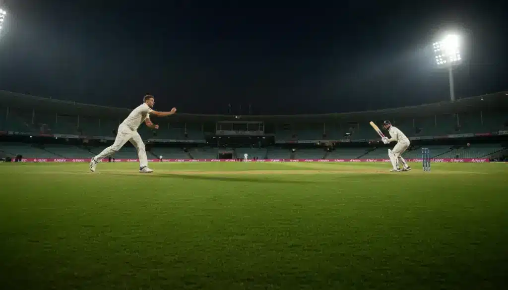 Cricketer in action at night stadium under floodlights, with bowler and batsman on pitch