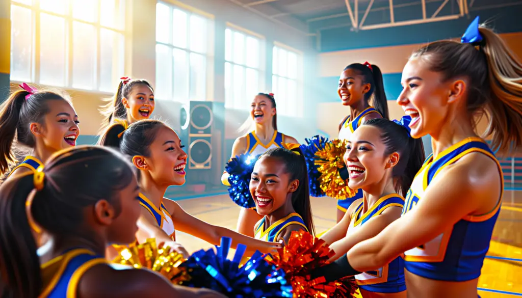 Cheerleaders in blue and yellow uniforms laughing and holding pom-poms in a sunlit gym