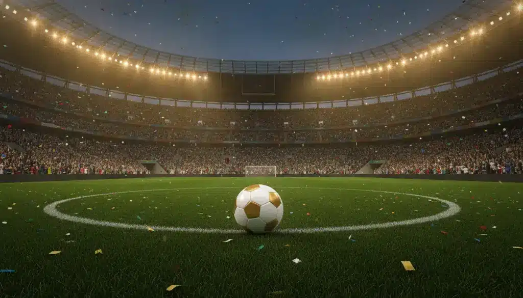 Soccer ball on lush green field in brightly lit stadium with cheering crowd and confetti