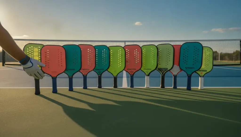 Colorful pickleball paddles standing upright on an outdoor court under afternoon sunlight