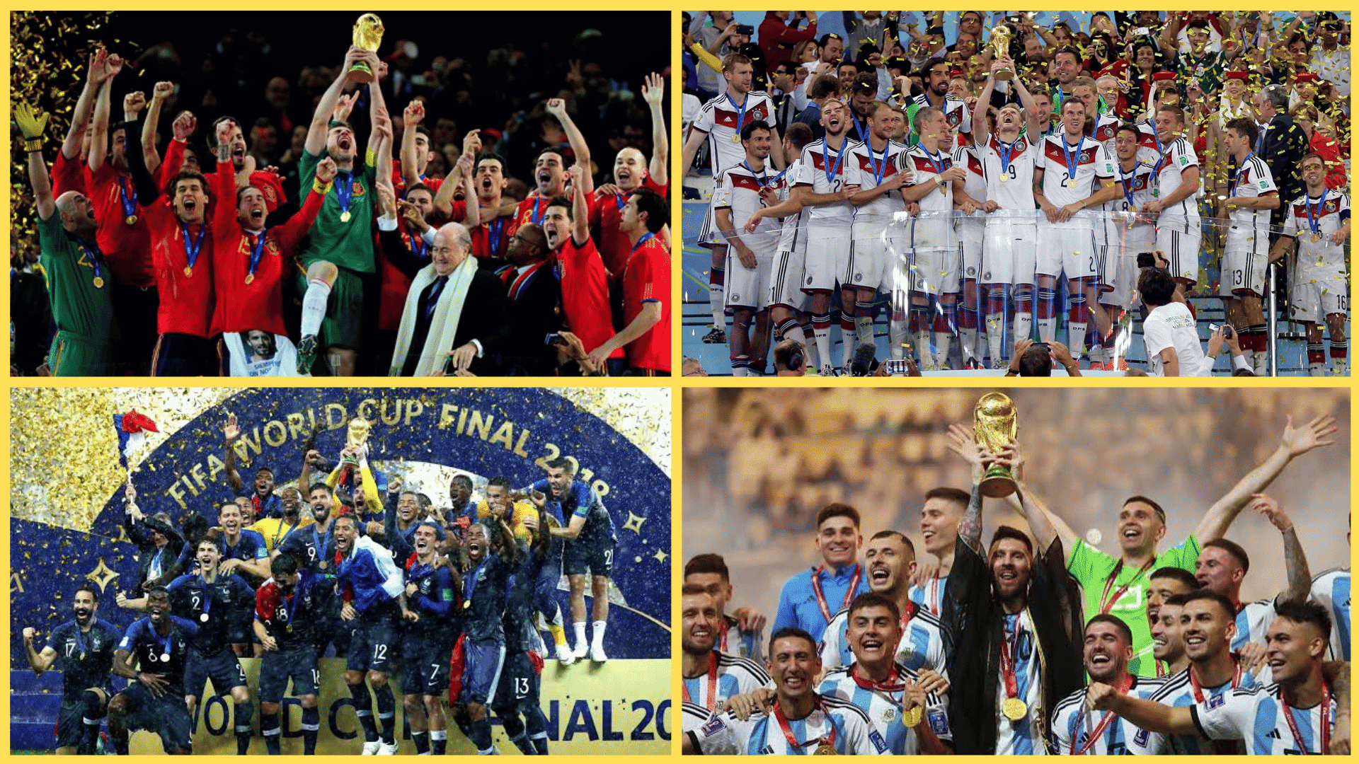image of last four fifa world cup winners lifting the world cup trophy