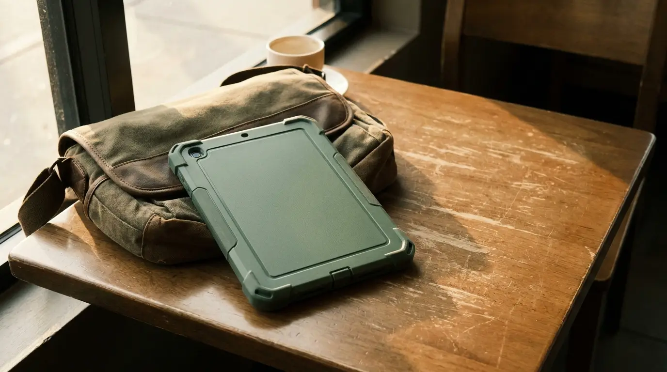 Tablet with green case and canvas bag on wooden cafe table near window