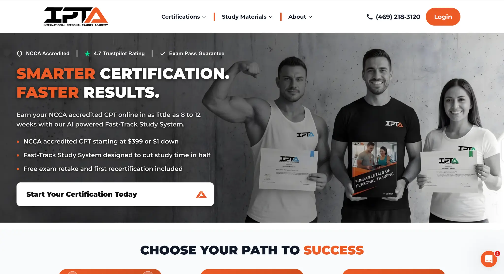 Three people holding personal training certificates and booklets against concrete wall backdrop