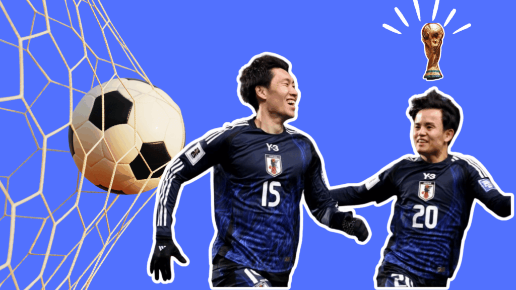 japan mens soccer players celebrate after scoring with a ball in the net and a world cup trophy graphic on a blue background