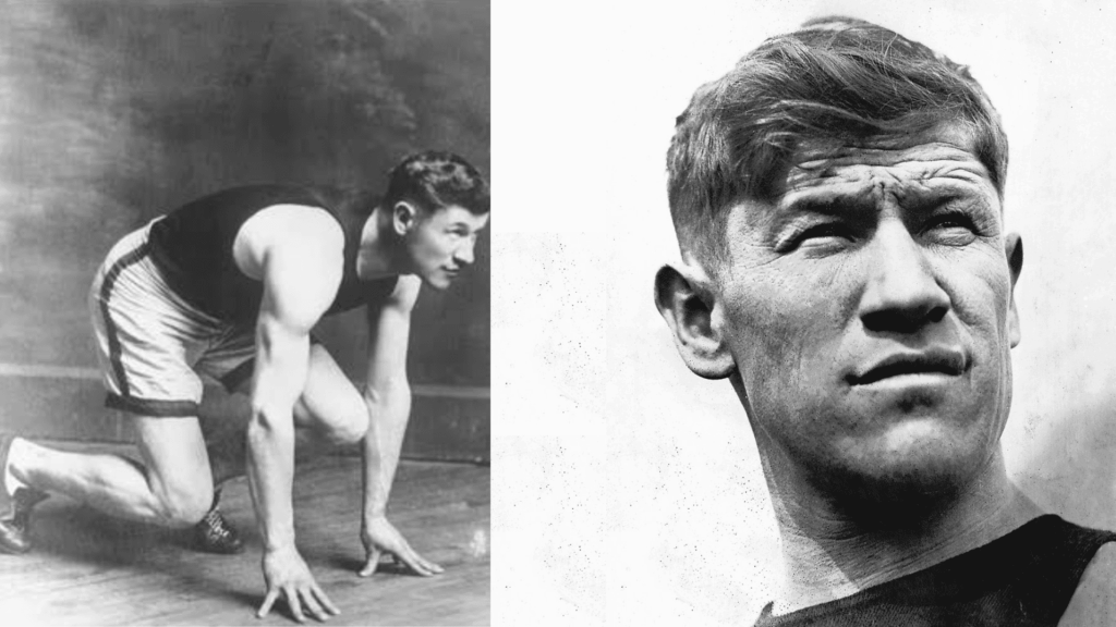 Jim Thorpe in a sprinting stance beside a close-up black and white portrait from his athletic career
