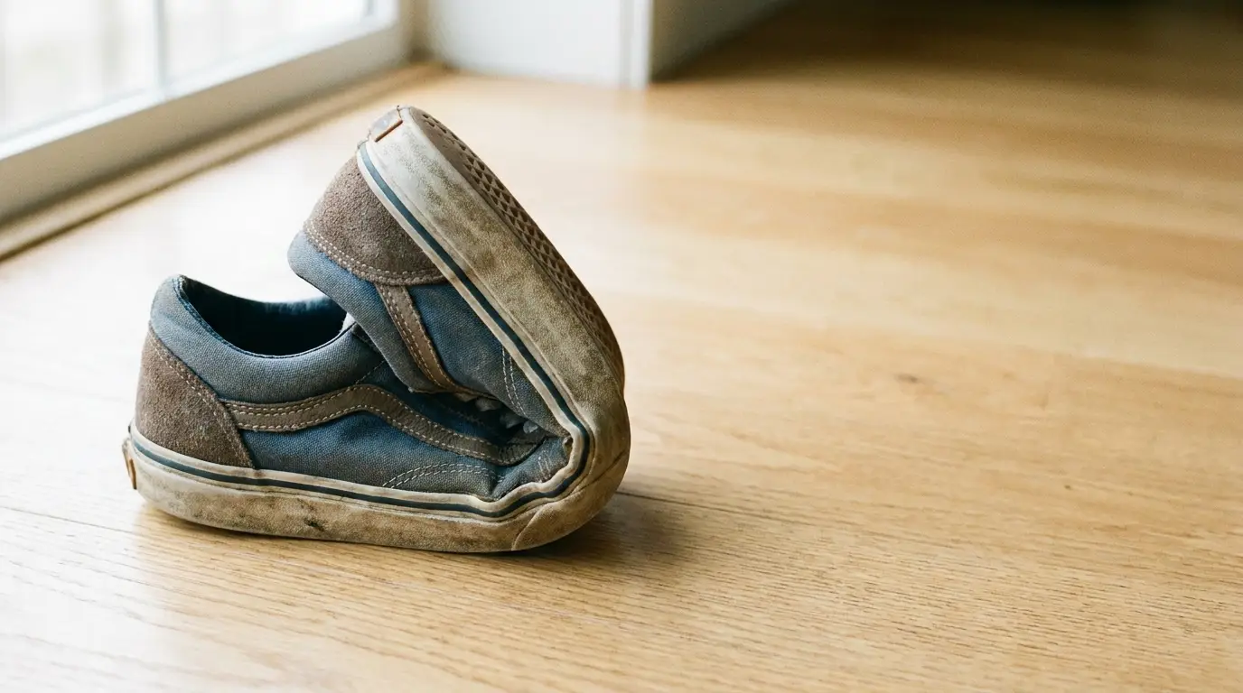 Worn blue sneakers with brown trim on wooden floor near a window