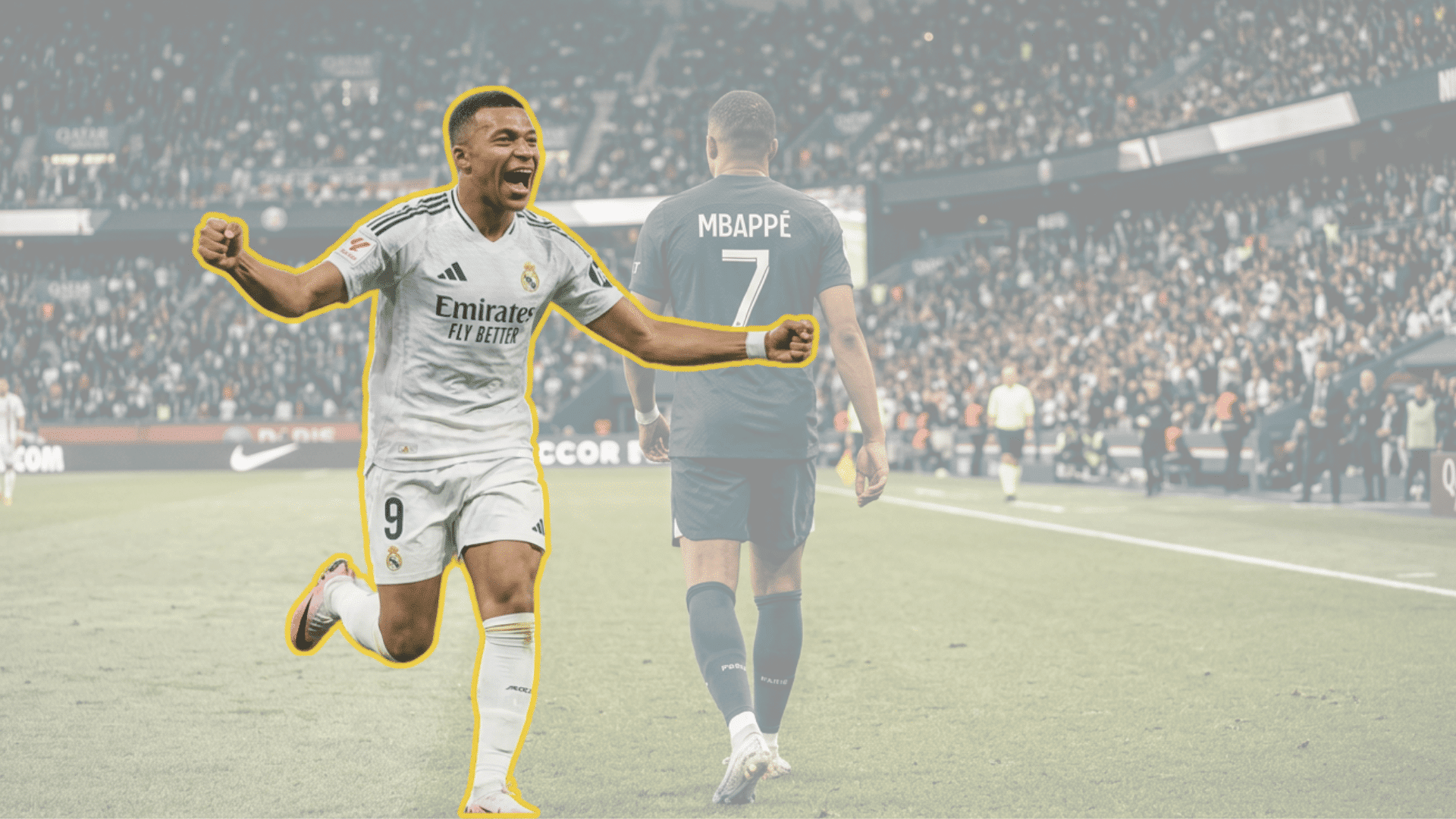 Kylian Mbappé celebrating in a Real Madrid jersey on the soccer field