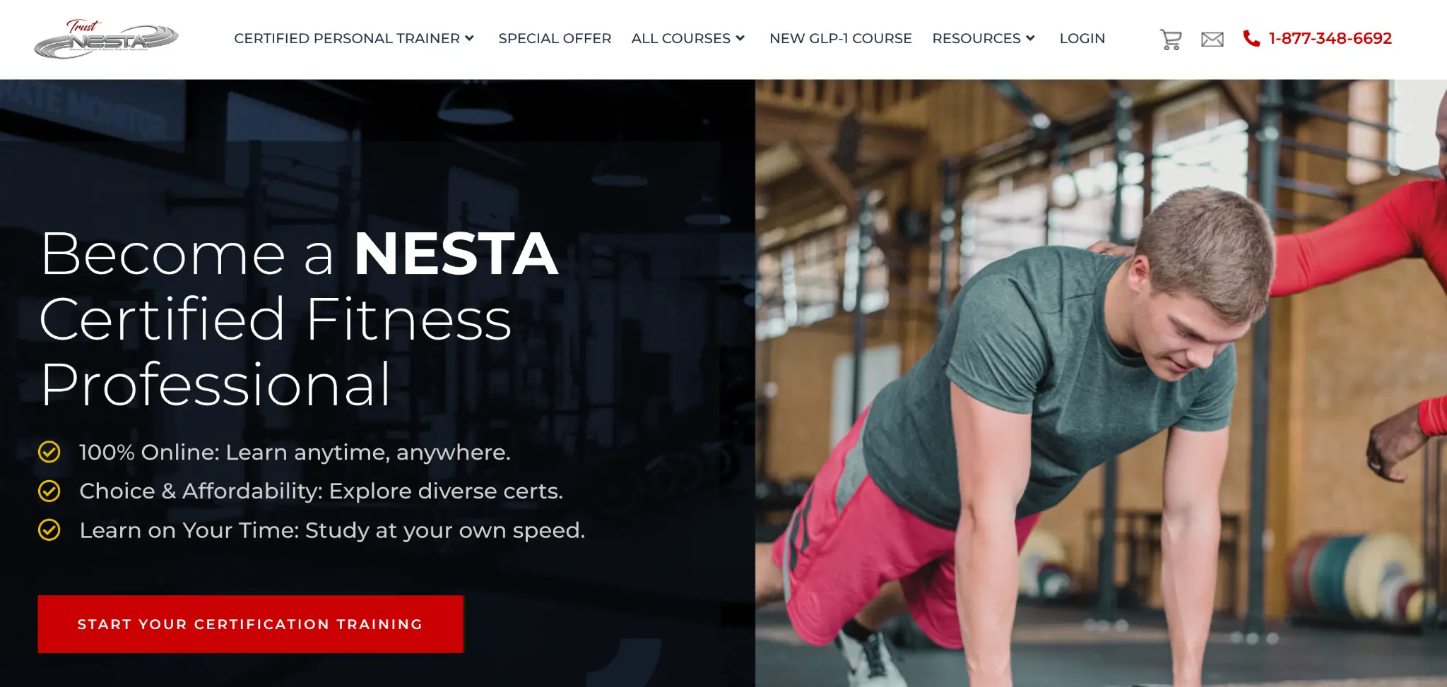 Man in gym performing push-up with trainer support in brightly lit fitness facility