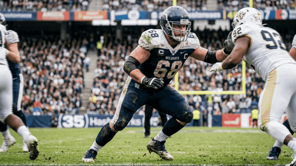 offensive lineman blocking defender during an american football game on the field with stadium background