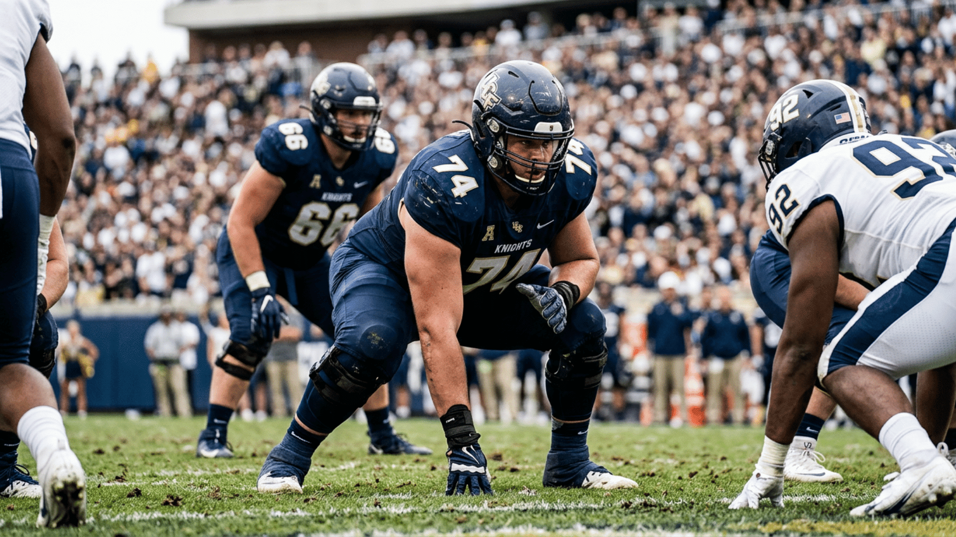 offensive lineman in a three point stance facing defender during an american football game with stadium crowd background