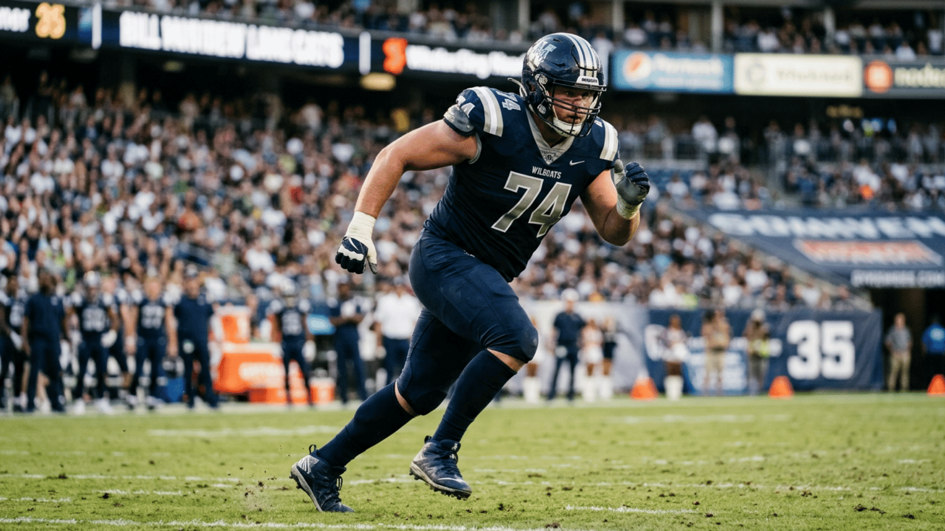 offensive lineman running during an american football game with stadium crowd and field background