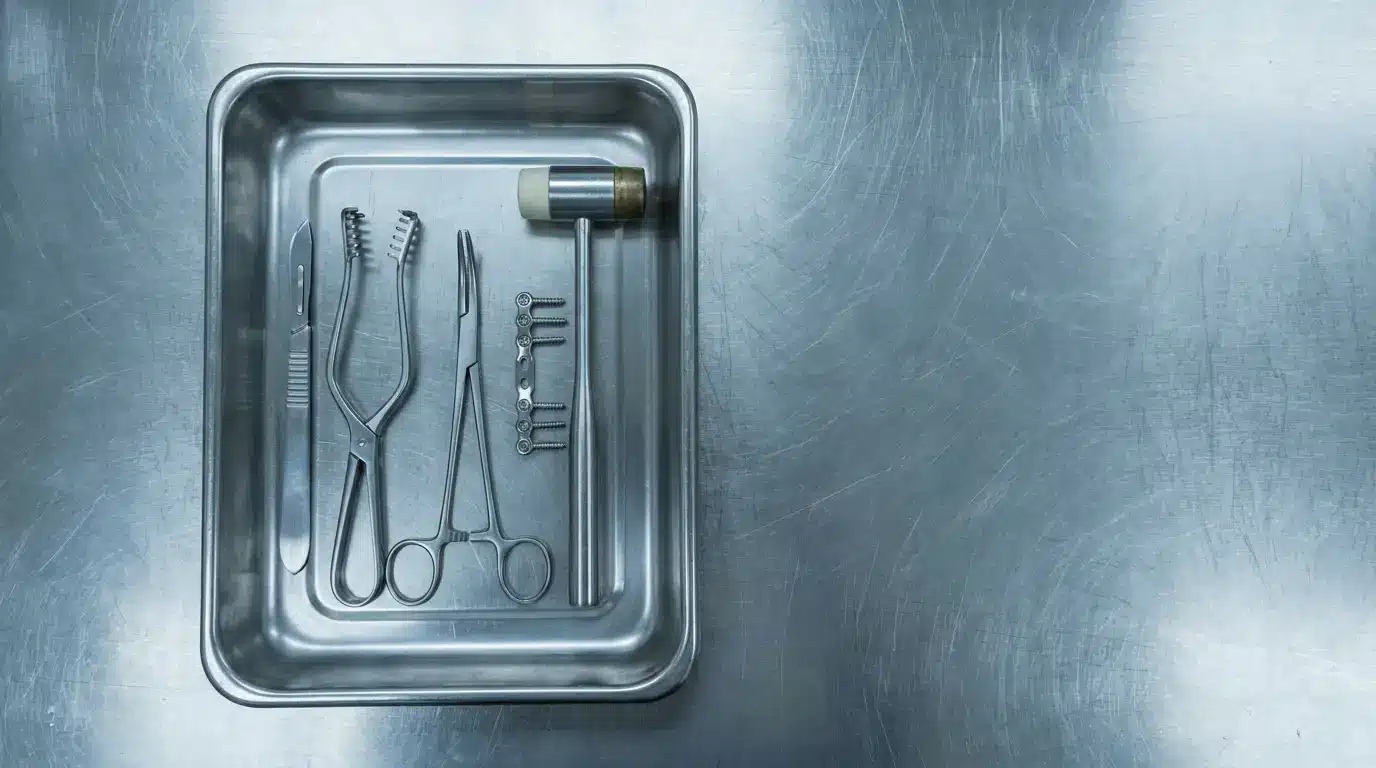 Surgical instruments arranged neatly on metal tray in sterile operating room setting
