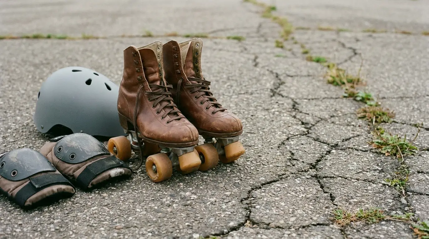 Brown roller skates with helmet and knee pads on cracked pavement