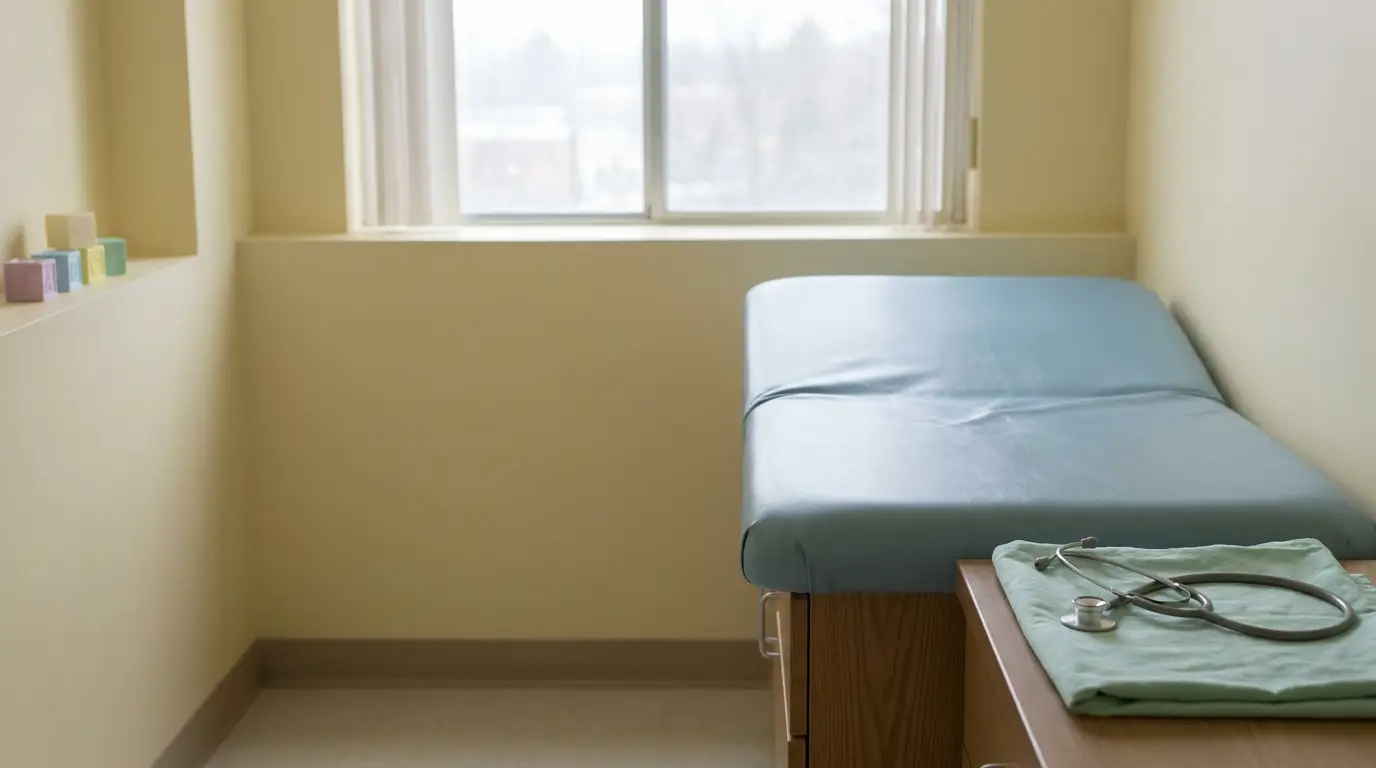Examination table with stethoscope in bright medical office setting