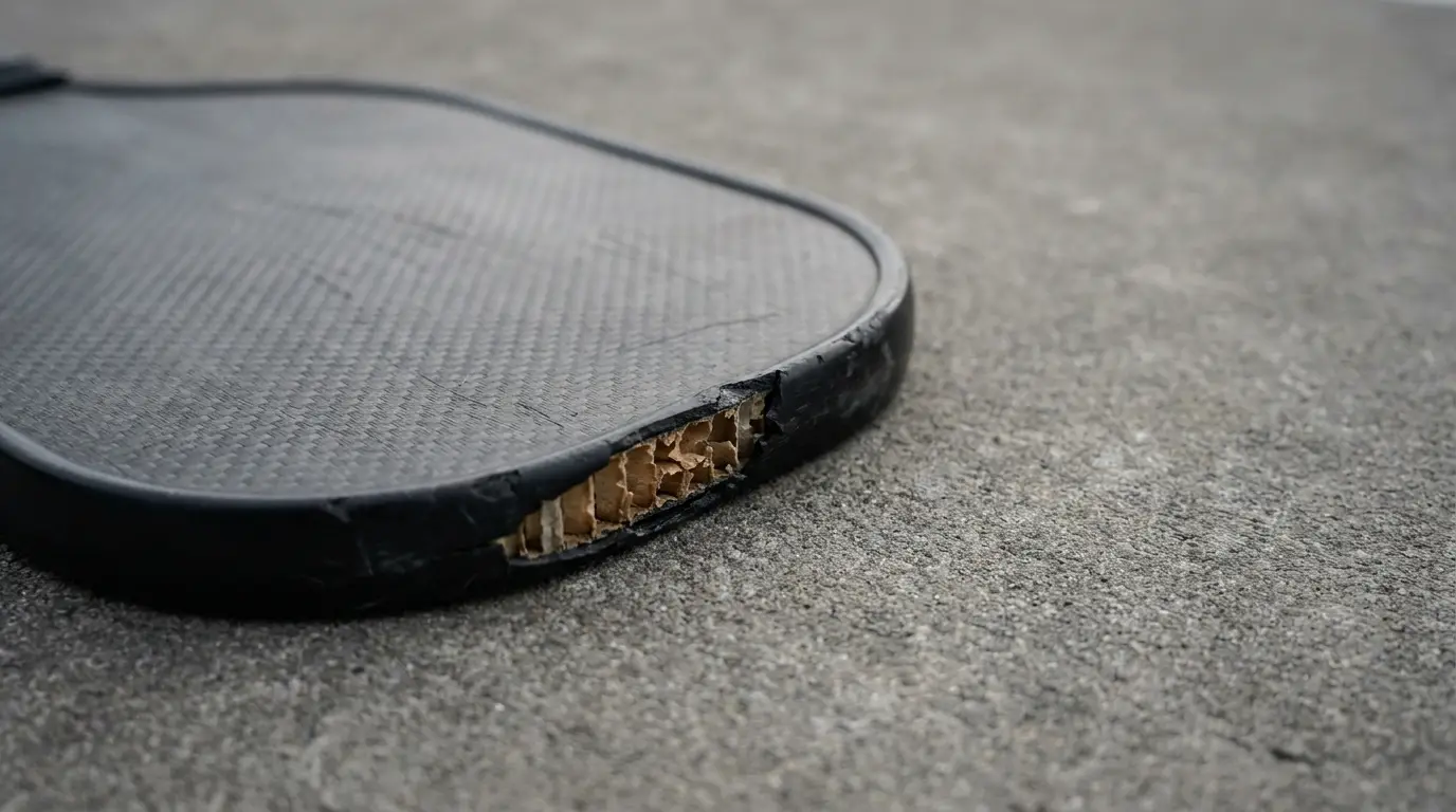 Chipped edge of a carbon fiber skateboard on a concrete surface