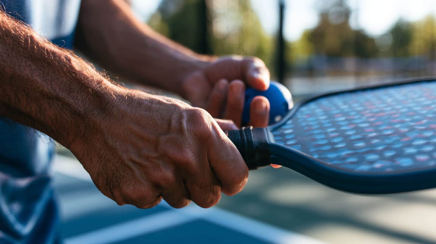pickleball player adjusting paddle grip for baseline power and kitchen control