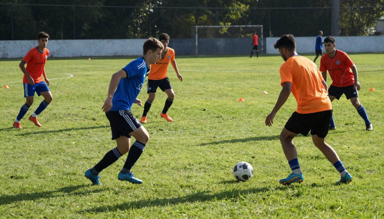 players practicing a small sided soccer warm up drill with passing movement and ball control during team training