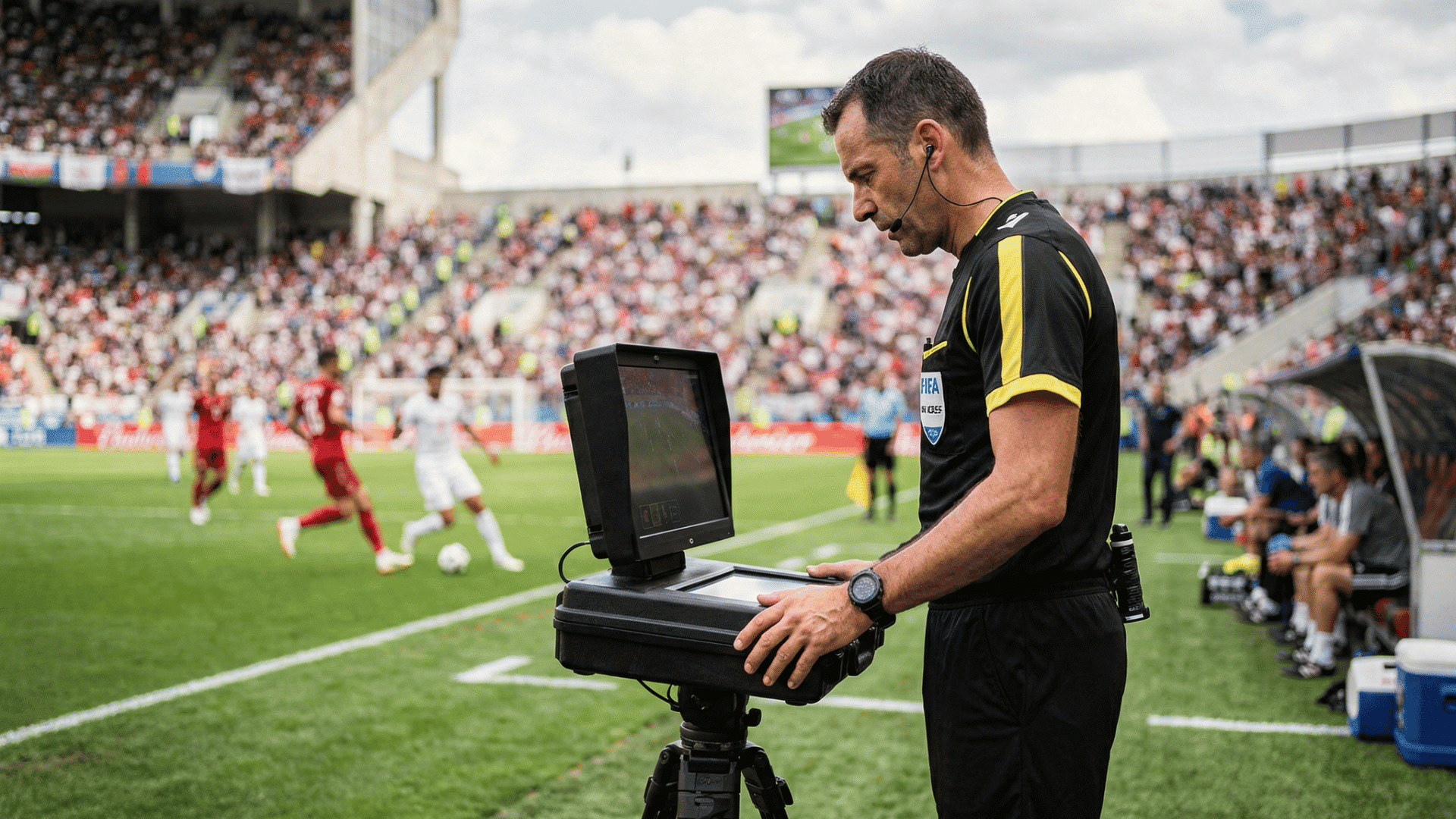 referee reviewing a sideline monitor during a football match with players and crowd in the background