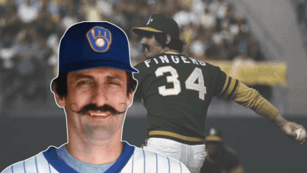 rollie fingers portrait with signature handlebar mustache beside action photo pitching for the oakland athletics during a baseball game