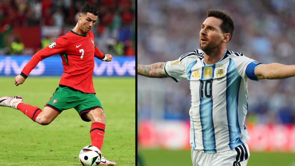 ronaldo vs messi two soccer players in national team jerseys shown side by side celebrating during international football matches