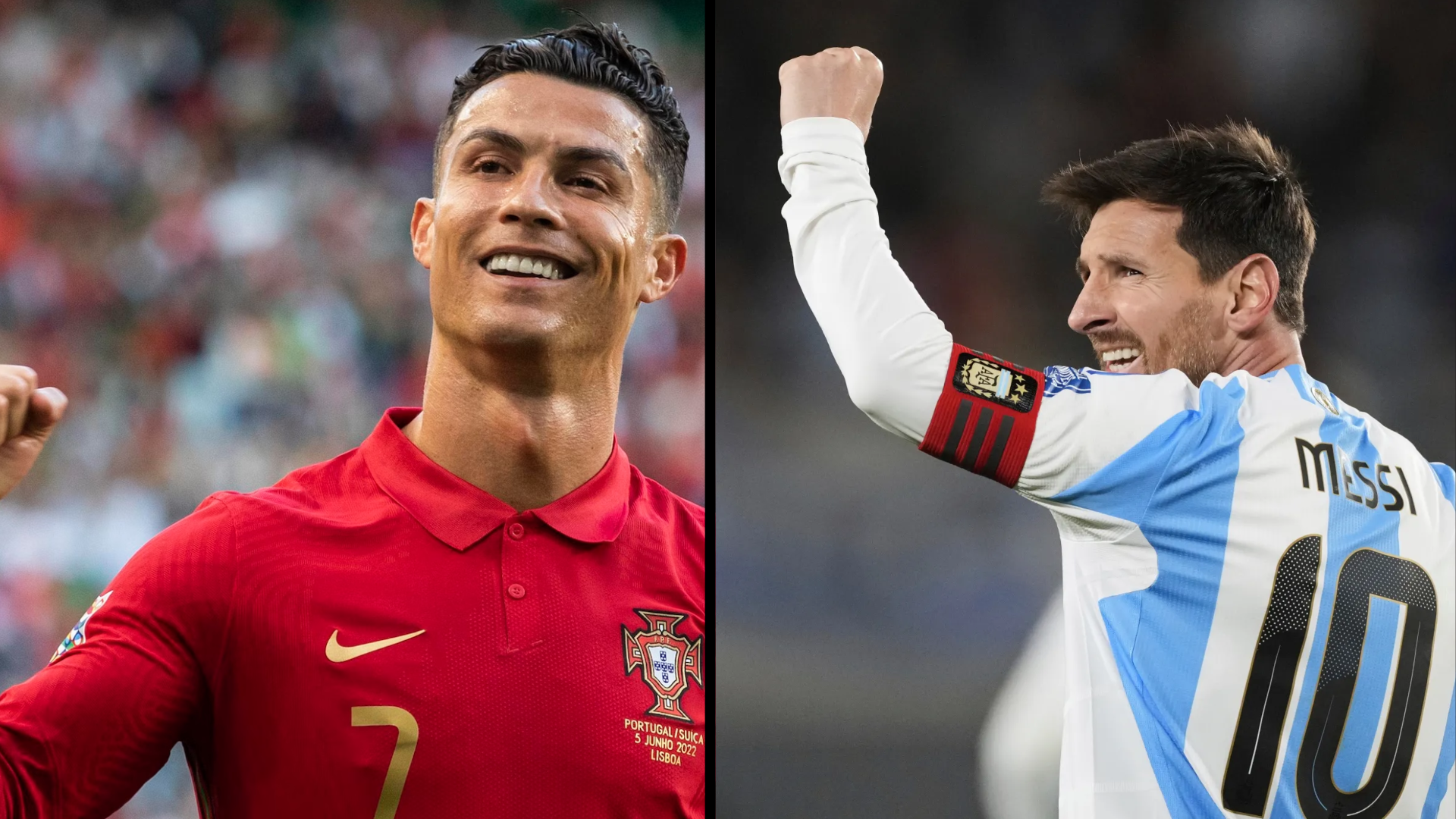 ronaldo vs messi two soccer players national team jerseys compared side by side during a football match