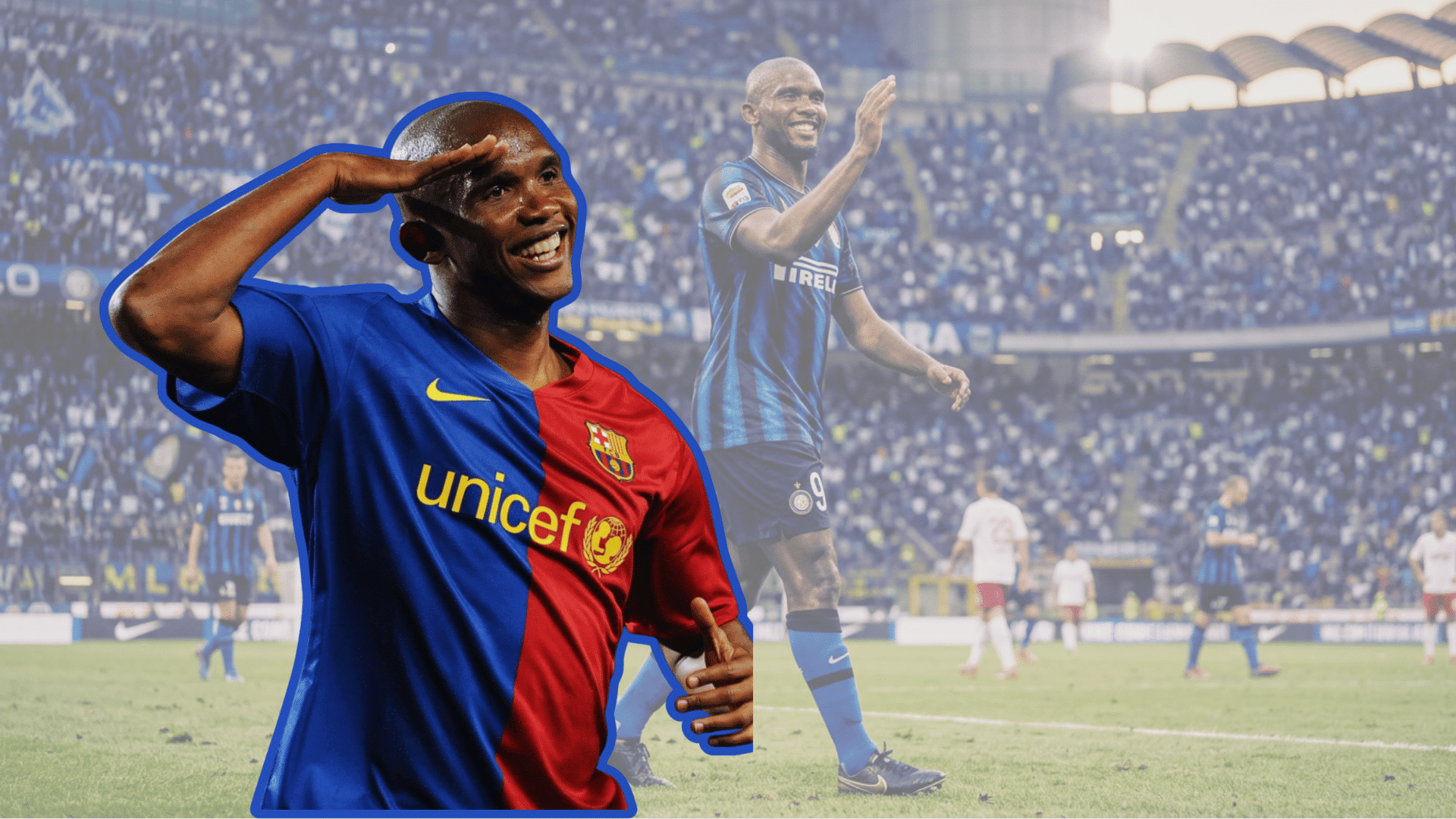 Samuel Eto’o celebrating in a Barcelona jersey during a soccer match.