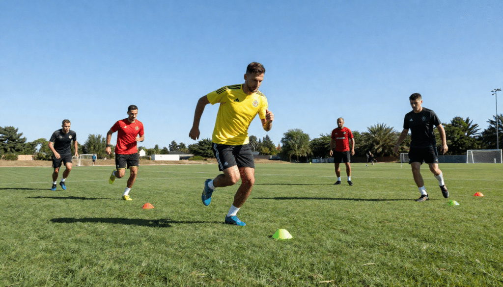 soccer players completing dynamic warm up drills with cones before practice to improve speed and agility