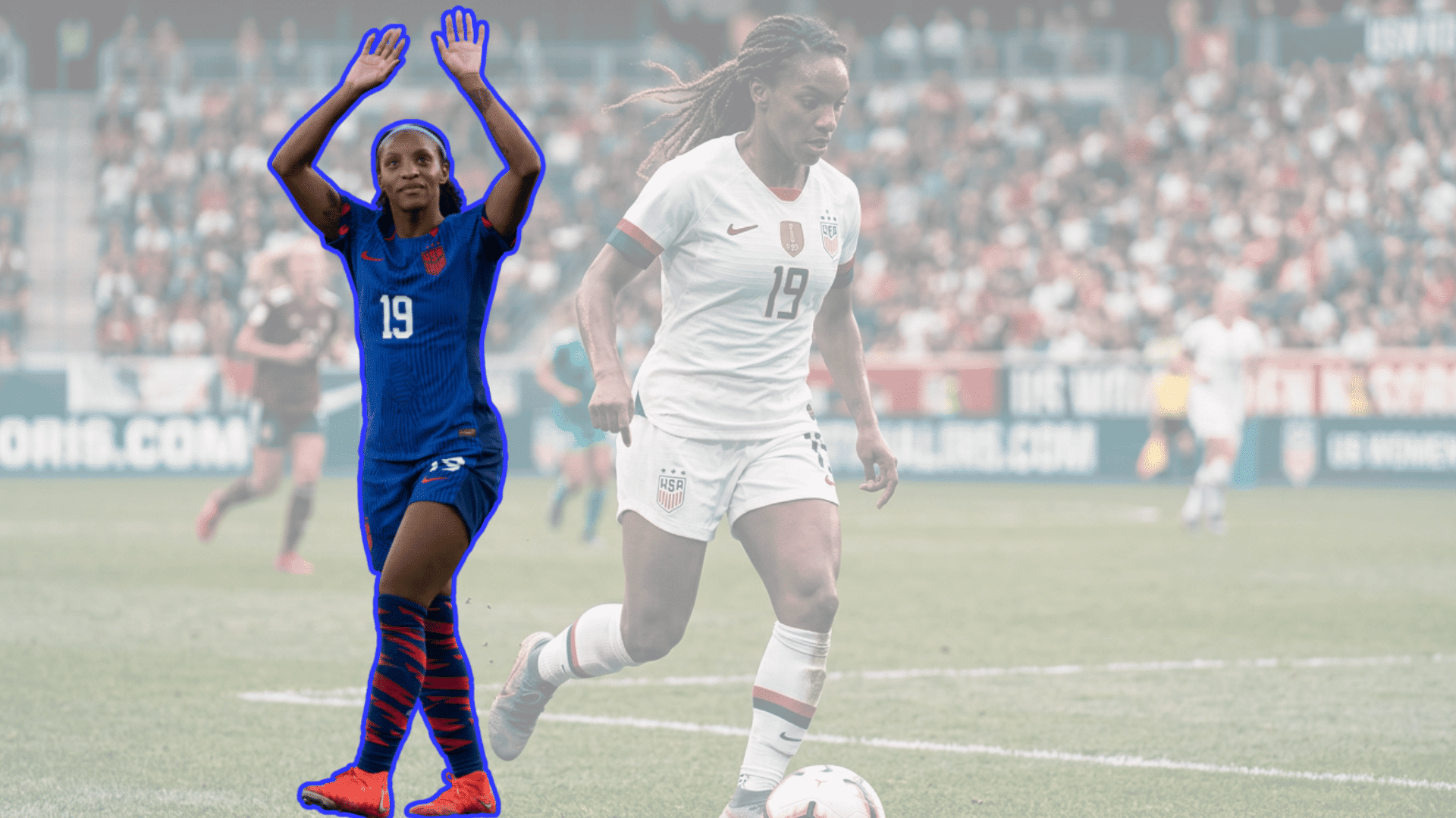 Soccer player in blue jersey celebrating with hands raised on the field.
